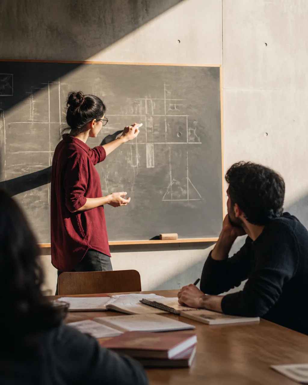 Estudantes em uma sala de estudo, com uma pessoa explicando um esquema no quadro