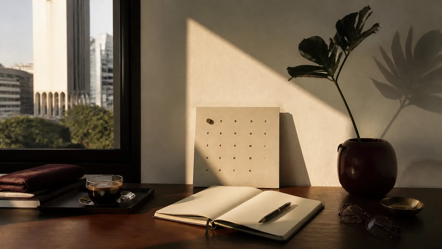 Mesa de trabalho iluminada pelo sol da manhã, com caderno em branco, café e calendário