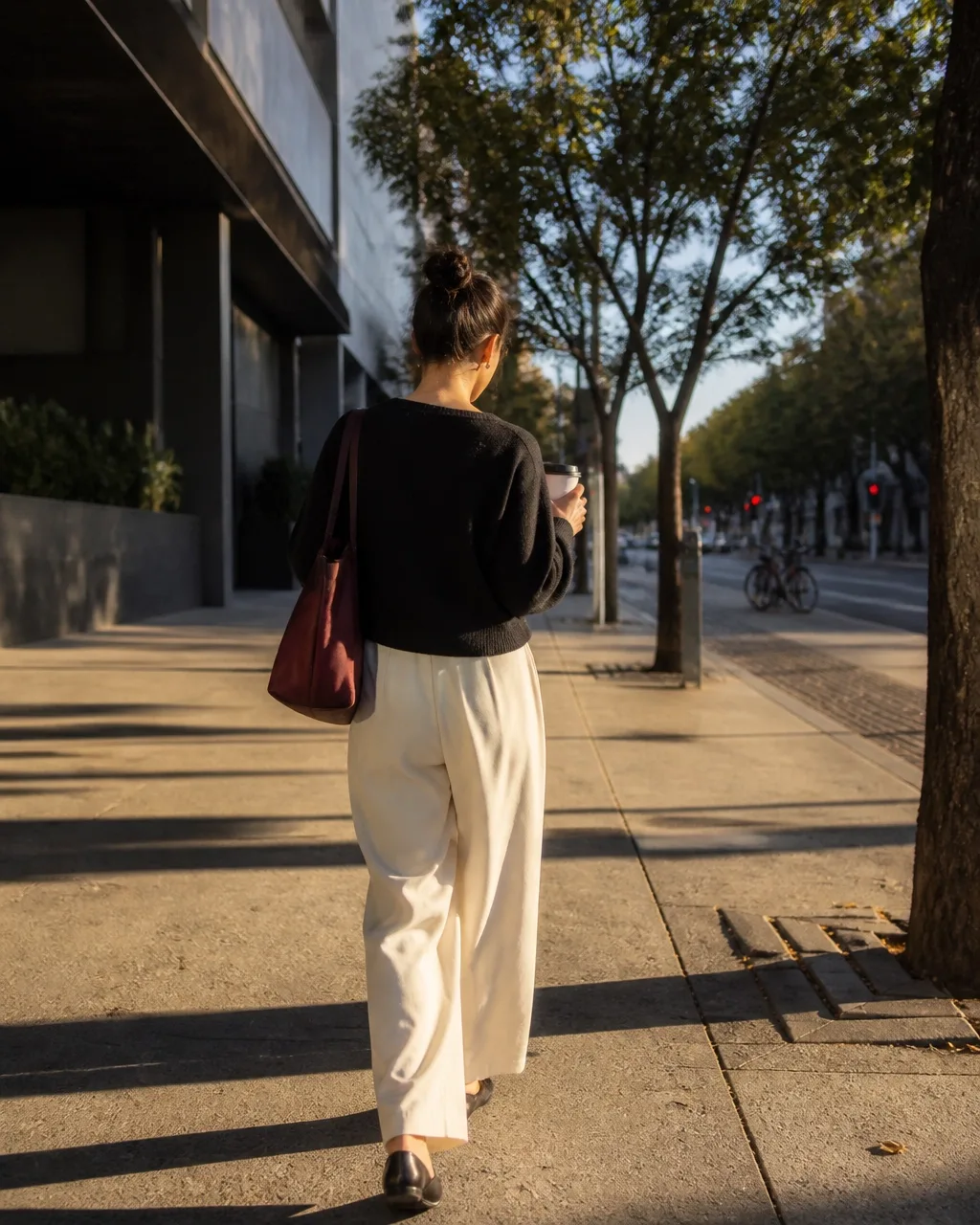 Pessoa caminhando com café por uma calçada urbana, entre concreto, árvores e sombras da manhã