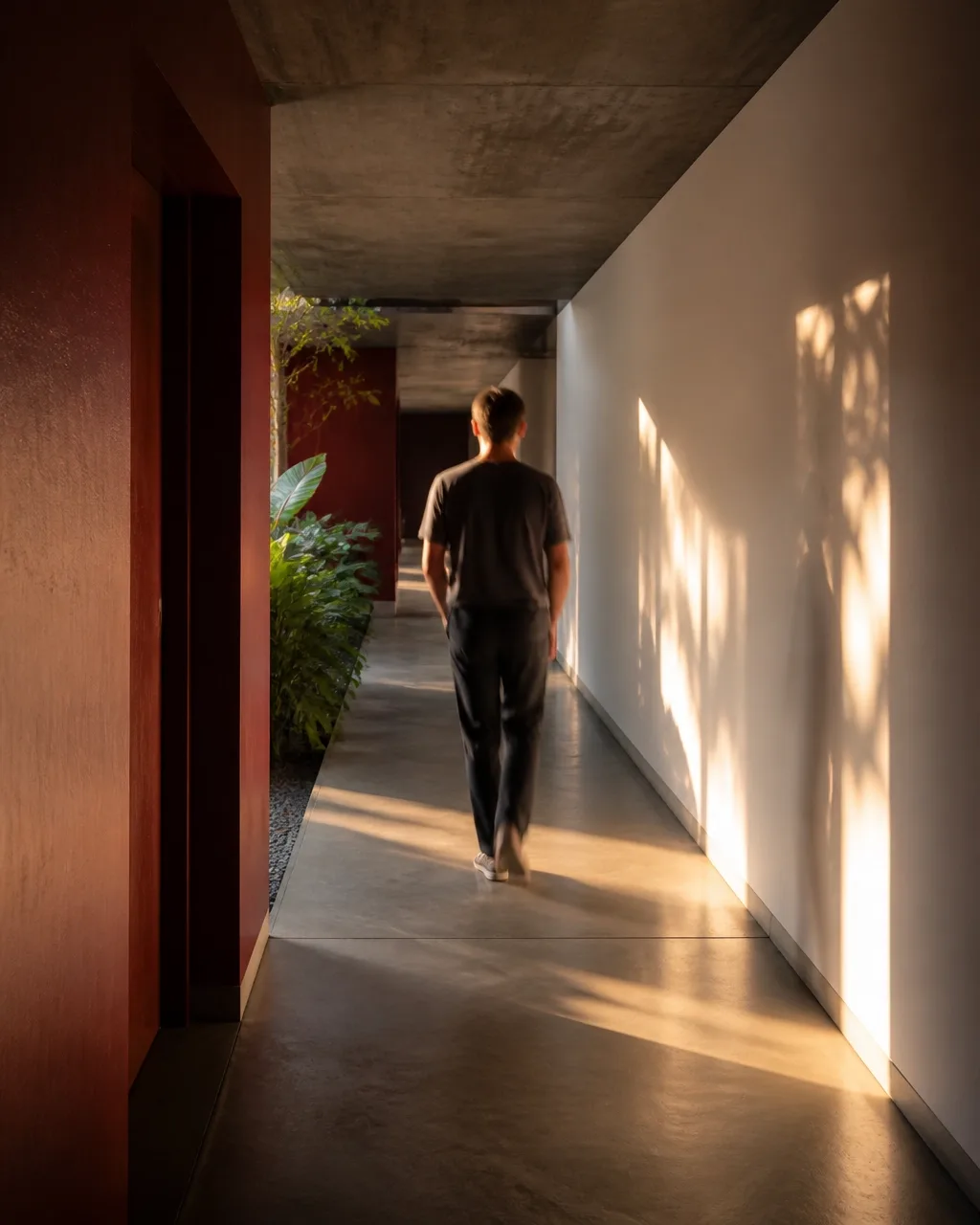 Quiet contemporary bedroom at dawn, with golden light falling across linen sheets and Brazilian modernist architecture