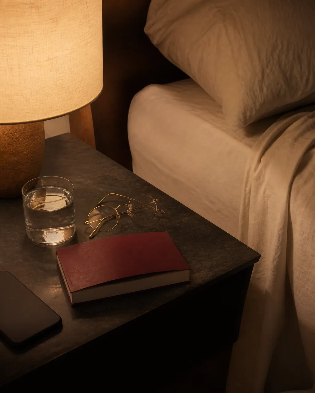 Evening bedside ritual with warm light, ivory linen, a burgundy book and a phone turned face down