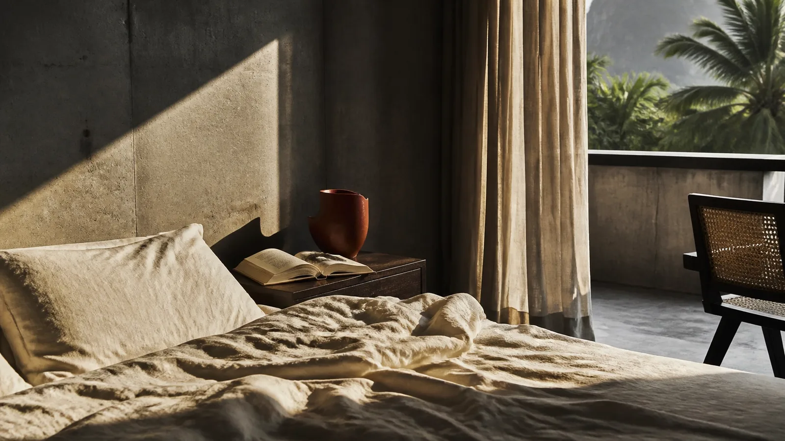 Quarto contemporâneo em uma manhã silenciosa, com luz dourada sobre lençóis de linho e arquitetura brasileira