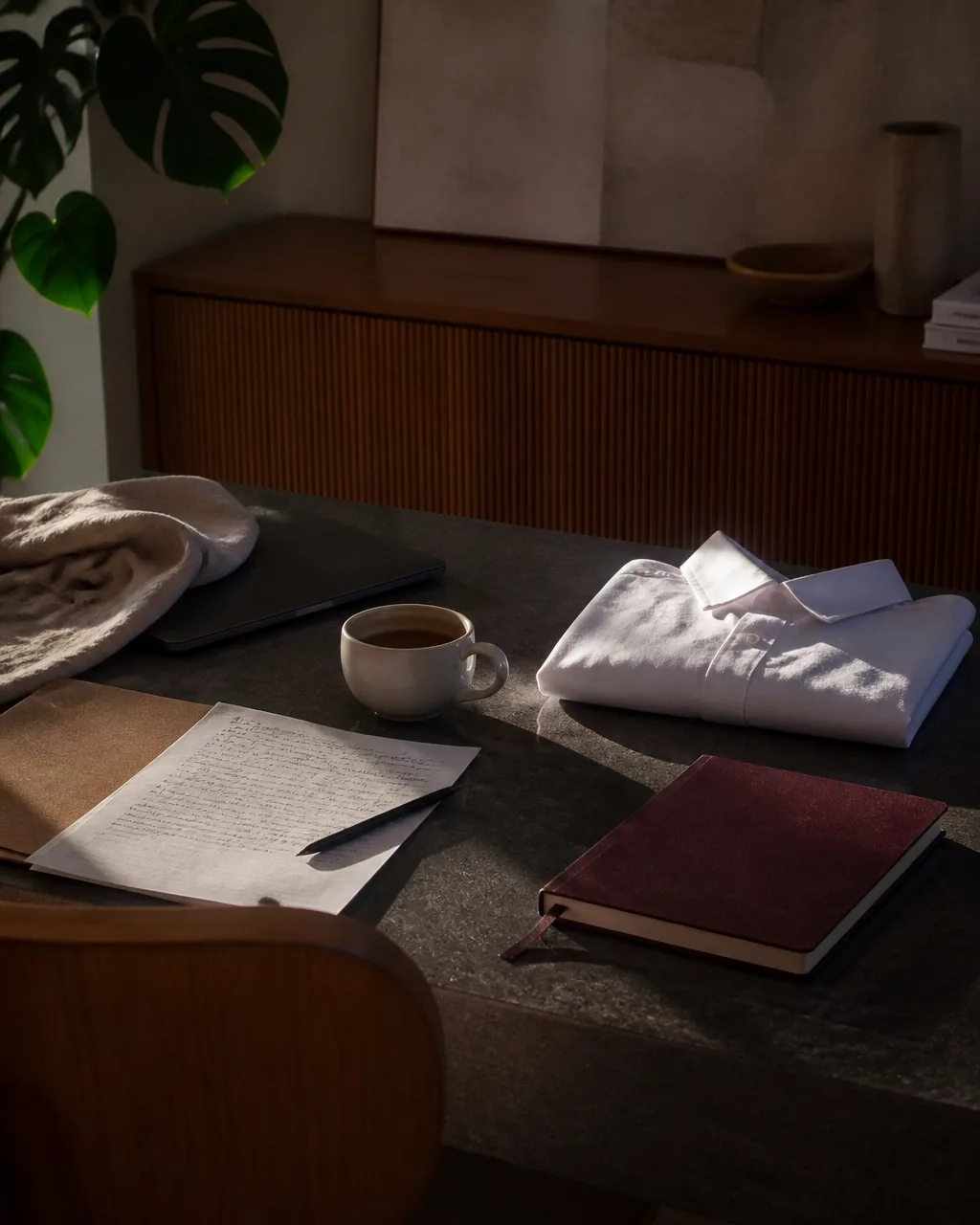 Mesa de manhã com café, anotações de estudo, notebook fechado e luz dourada sobre pedra escura